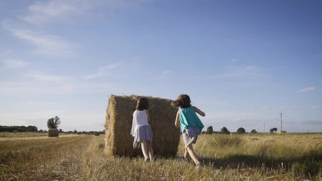 two cute little girls push a roll of mown rye in a field in summer