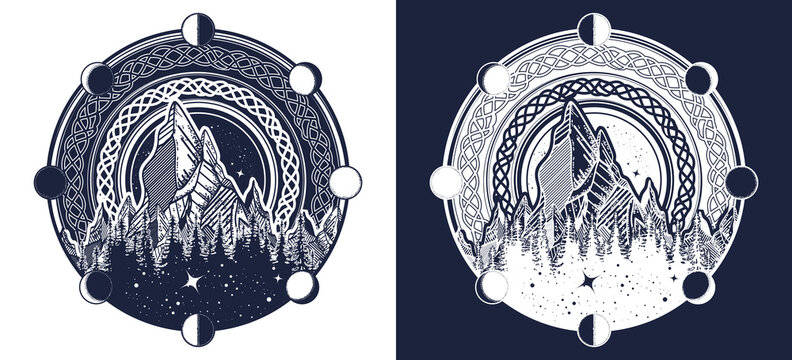 Mountains in the circle tattoo, celtic style. Great outdoors. Symbol of adventure tourism, meditation, camping. Black and white vector graphics