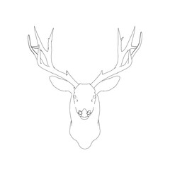 Deer head contour with large antlers made of black lines on a white background. Front view. Vector illustration