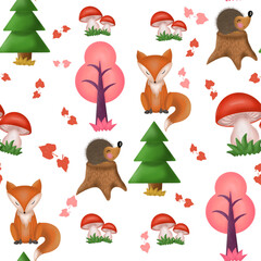 seamless pattern with a Fox hedgehog autumn trees and mushrooms on a white background
