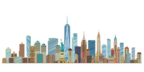 New York detailed skyline. Famous New York monuments. Vector illustration