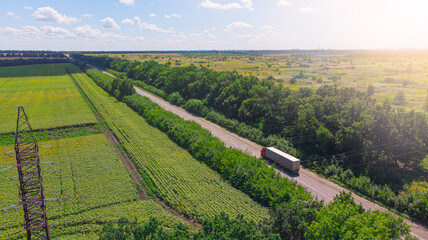 Fototapeta premium Aerial. Truck driving by the roadway between agricultural fields.