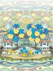 Cute pattern with a calming rural view - colorful hills, flowering trees and cozy houses. Seamless ornament for fabric, wallpaper or beautiful vertical card.