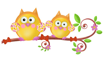 two owls sit on a branch on a white background