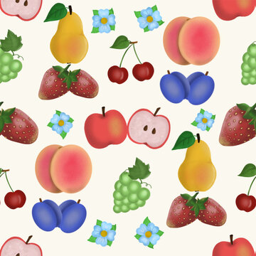 seamless pattern with fruits and berries flowers on a white background