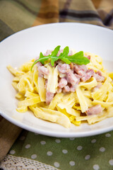 tasty Carbonara pasta on the table