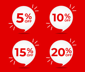 5% off, 10% off, 15% off and 20% off. Set of tag discounts. Banner with four red bubble balloons with special offers vector.