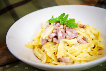 tasty Carbonara pasta on the table