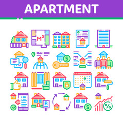 Fototapeta na wymiar Apartment Building Collection Icons Set Vector. Apartment Floor Plan Architectural Project And House, Real Estate Agreement And Key Concept Linear Pictograms. Color Contour Illustrations