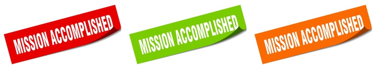 Fototapeta premium mission accomplished paper peeler sign set. mission accomplished sticker
