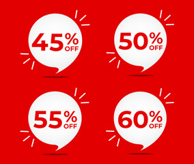 45% off, 50% off, 55% off and 60% off. Set of tag discounts. Banner with four red bubble balloons with special offers vector.