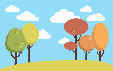 Collection Of Autumn Trees, Isolated On on blue Background with White clouds. Simple collection of autumn trees of different shapes. Vector illustration.