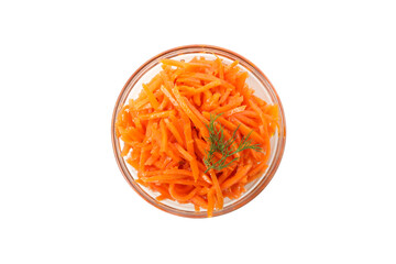 Bowl with tasty carrot salad isolated on white background