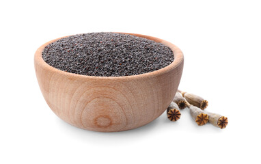 Poppy seeds in wooden bowl isolated on white