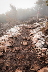 Terrible path across the hinterland on the Hochlantsch mountain in the Fischbach Alps, Austria. A muddy path carved into the rock. Dangerous route. Absolute concentration