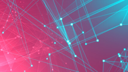 Abstract pink green polygon tech network with connect technology background. Abstract dots and lines texture background. 3d rendering.