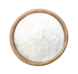 Baking soda in wooden bowl isolated on white, top view