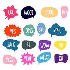 Bubble chat with phrases. Colorful speech bubbles with dialog words. Chat cloud online used for stickers, flyers, poster information. Vector illustration 