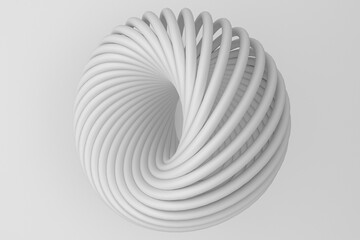 White light delicate abstract 3D background of a donut with wave curving intertwining and writhing surface. 3D illustration on a white background with copy space