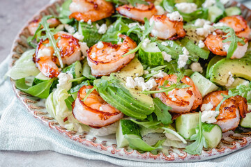 Salad with shrimps, avocado and cucumber