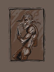 Digital pen and ink wash drawing of a goblin pirate with a curved dagger - digital fantasy vignette illustration