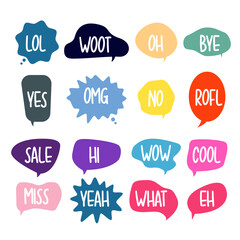 Bubble chat with phrases. Colorful speech bubbles with dialog words. Chat cloud online used for stickers, flyers, poster information. Vector illustration 