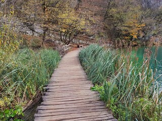 Wooden bridge path in Plitvice lakes national park. Unesco heritage in Croatia.