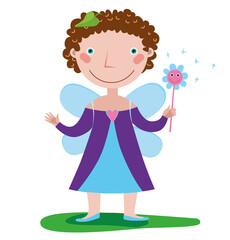 A little girl in a fairy costume holds a magic wand in her hand
