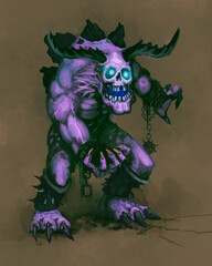 digital illustration of purple horned demon creature on abstract background - digital fantasy painting