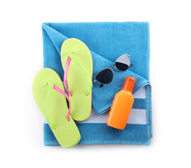 Composition with beach objects on white background, top view