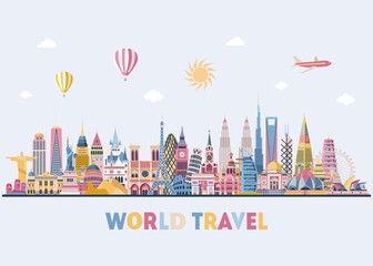 Travel and tourism background. World famous monuments skyline. Vector illustration