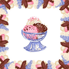 Fototapeta premium Square frame formed by various swirl ice cream cones and bowl ice-cream dessert on center. Modern fashion greeting card, banner or ad design. Bakery, ice-cream dessert inspired illustration.