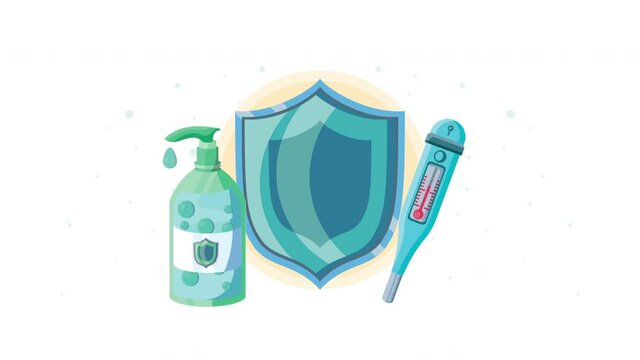 shield with antibacterial soap bottle and thermometer
