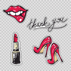 Set of contemporary elements: thank you calligraphy, biting lips, red heels, red lipstick. Vector hand drawn fashion illustration patches or stickers kit. Trend graphic sketch badges in vogue style.