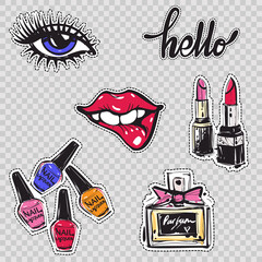 Set of fashionable elements: hello lettering, biting lips, woman's eye, nail polish colors, french perfume, pink and red lipstick. Trend graphic glamour sketch badges in vogue style.