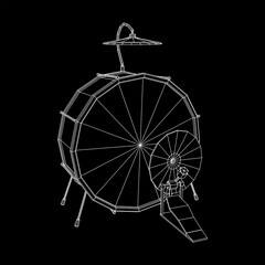 Musical instruments set. Rock band drum kit. Percussion musical instrument drums and cymbal. Wireframe low poly mesh vector illustration.