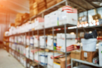 Warehouse shelf for product storage. Logistics.  blurred background