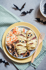 Healthy Halloween lunch for kids. Selection of fun, spooky treats.