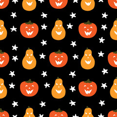 Happy Halloween. Seamless pattern with colorful pumpkins and cartoon stars on a black background. Vector illustration for festive background design, flyers, banners, prints, textiles, fabrics, etc.