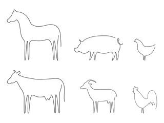 Farm animals line set vector illustration. Pig, horse, goat, chicken, cow and chicken isolated on white. Domestic animals collection. Continuous line drawn animal group.