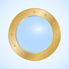 Round porthole, round golden porthole window isolated on light background. Vector, cartoon illustration.