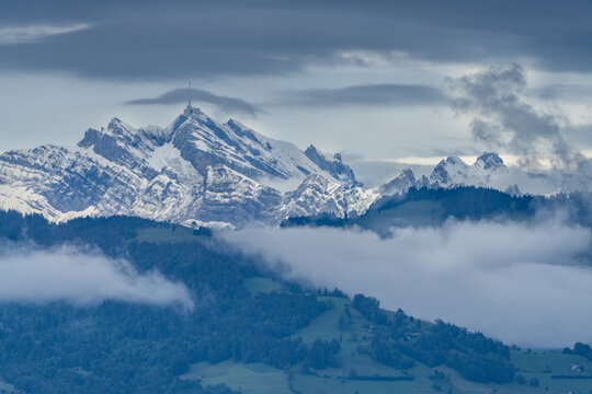 The iconic Santis peak, the highest mountain in the Alpstein massif of northeastern Switzerland