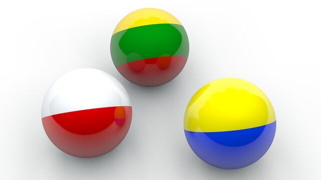 3D rendering of three spheres with flags of Poland, Ukraine and Lithuania. The idea of creating a political European bloc is the Lublin triangle.