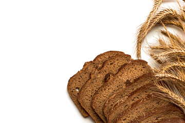 Rye bread. Bakery with crusty loaves and crumbs. Fresh loaf of rustic traditional bread with wheat...