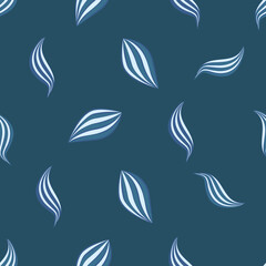 Obraz premium Linocut style leaves botanical seamless vector pattern background. Backdrop of floating monchrome cobalt blue foliage. Hand drawn modern illustration. All over print for wellbeing, packaging