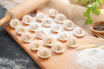Fototapeta na wymiar Raw dumplings or ravioli on a cutting Board with ingredients for cooking. Recipe of the Russian cuisine