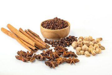 Assorted colorful spices on a white background. Healthy diet lifestyle.