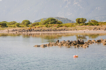 Rocks of volcanic origin on the beach of the island of Lihada-Greece 