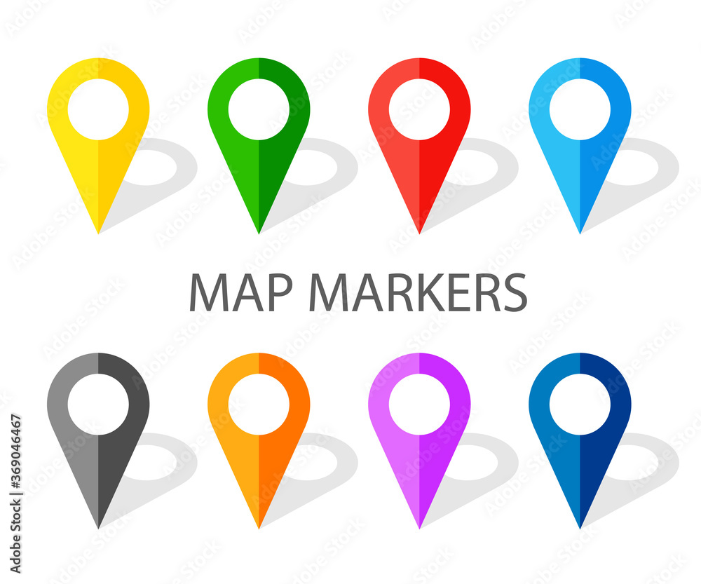 Poster set of colorful navigation pinpoints with shadow. flat map pointer. location on a global map. vector