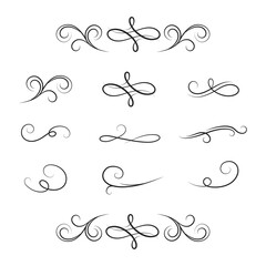 Set of royal swirl dividers.  Vector isolated victorian borders. Classic wedding invitation calligraphic lines. Filigree vignette scrolls.